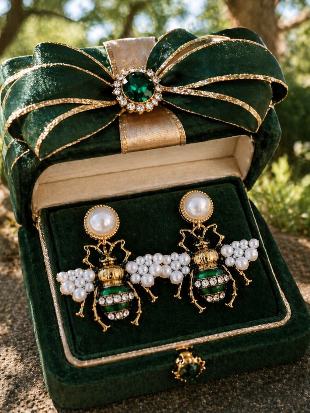Gold Bee Earrings with Green Enamel and White Pearls - Picture 5 of 5